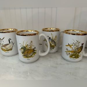 Gold-Rimmed Antique Bird Mugs - Made in England